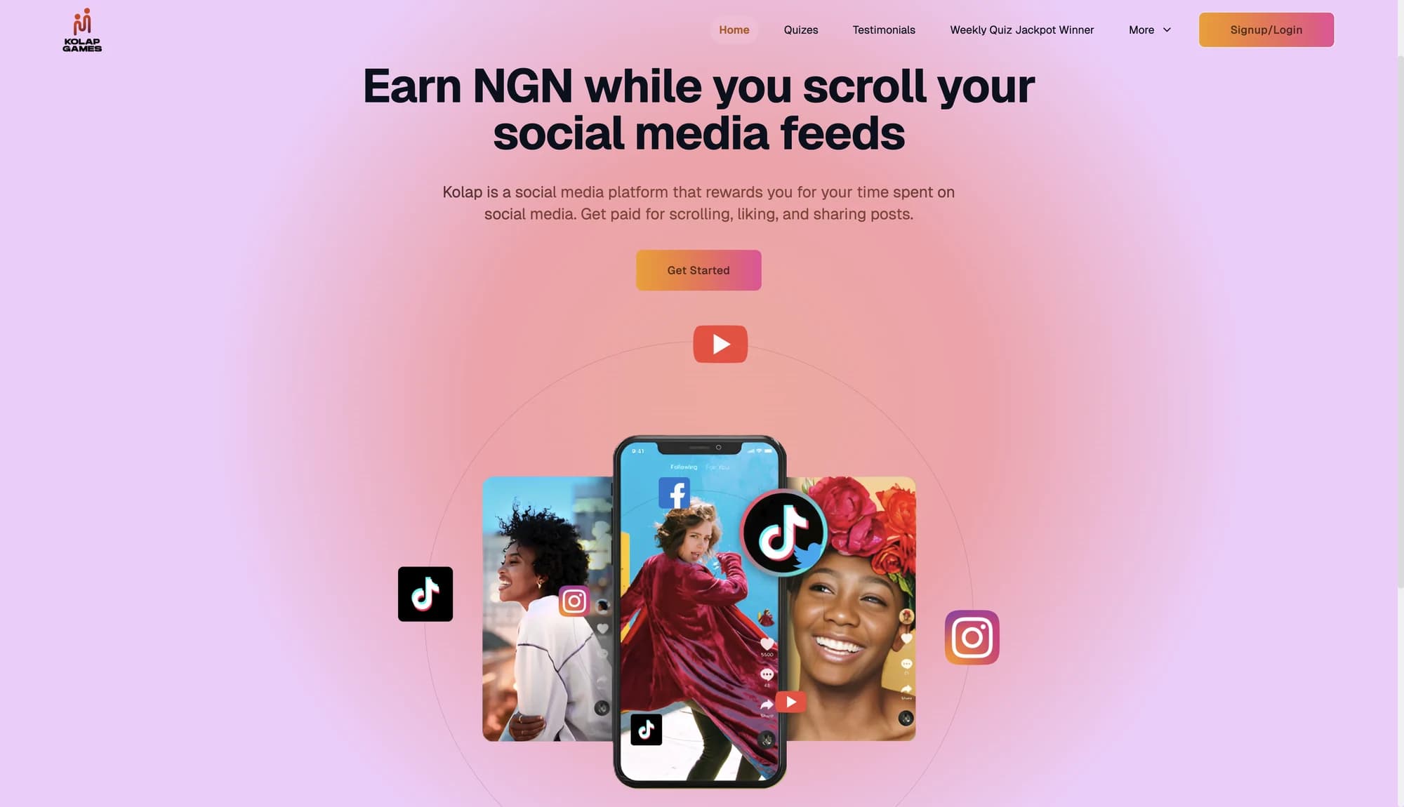 Kolap Games landing page introducing social rewards