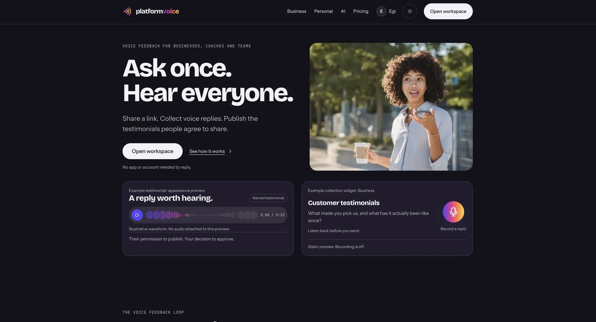 PlatformVoice landing page with voice recording and feedback previews