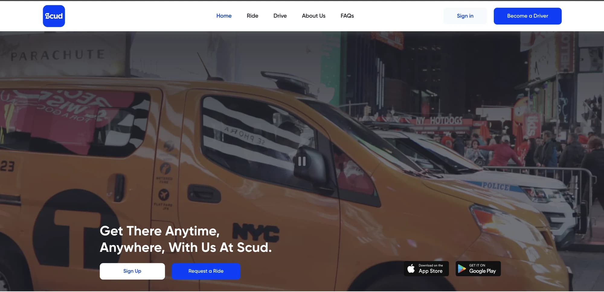 Scud transportation website with a branded vehicle and mobile app links